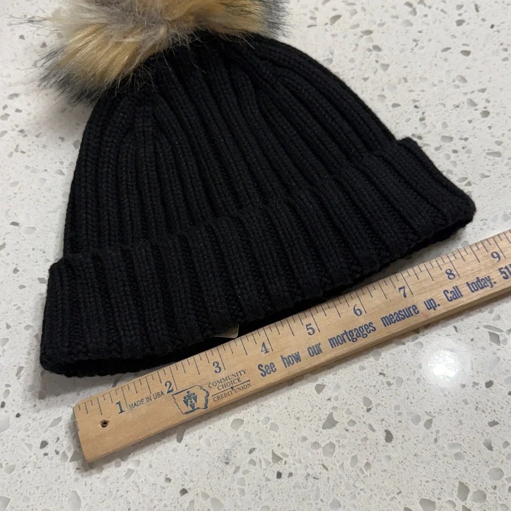 J. Crew NEW Black Wool Blend Knit Beanie with Faux Fur Pom-Pom OS ski snow bunny